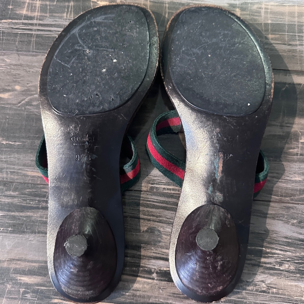 Gucci GG Logo Sandals Kitten‎ Heels THONGS Flip Flop Slides Brown Green Red 9.5 - Picture 9 of 16